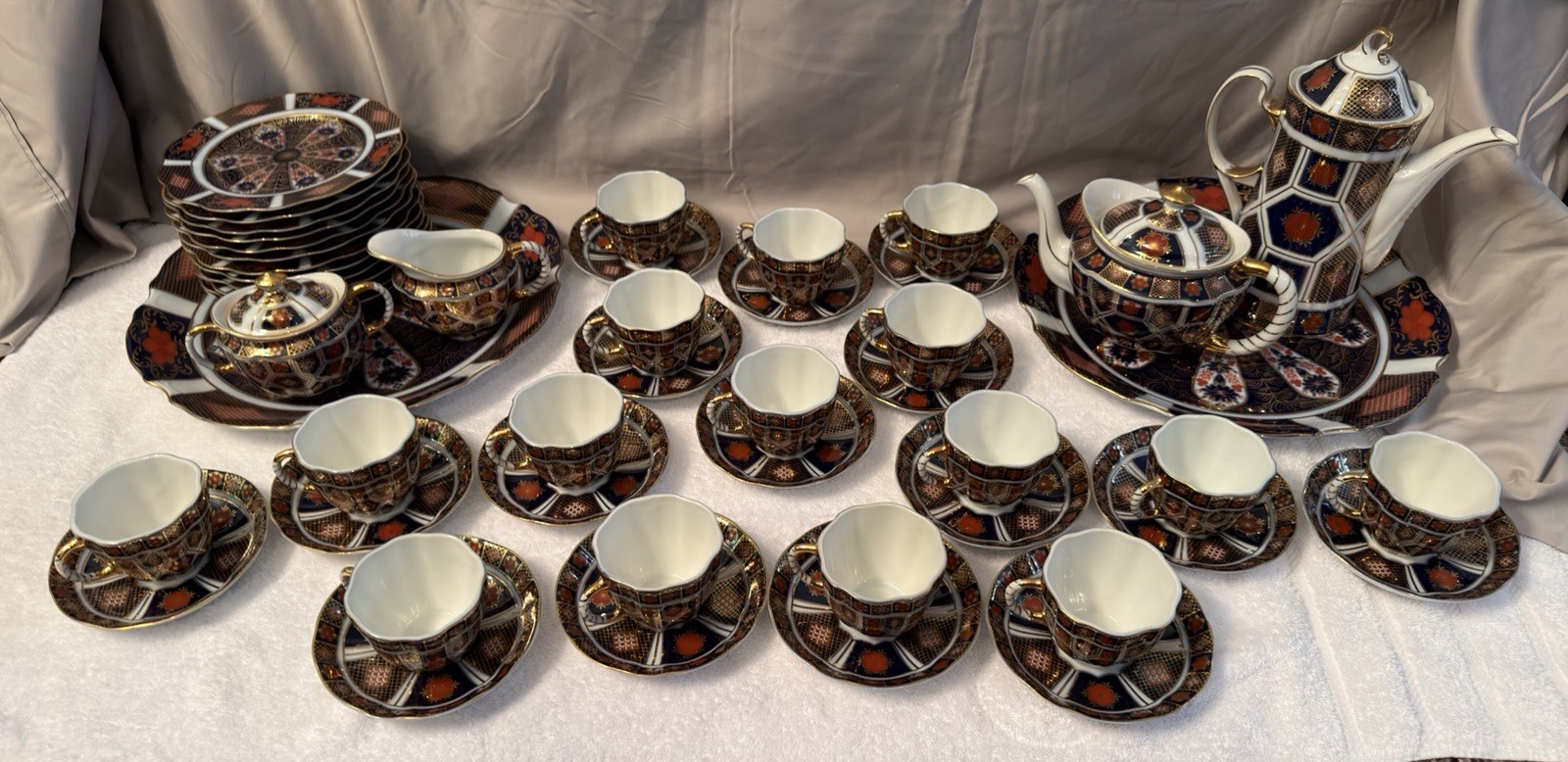 Vintage Japanese Imari Style Porcelain Tea Set Blue Gold Floral