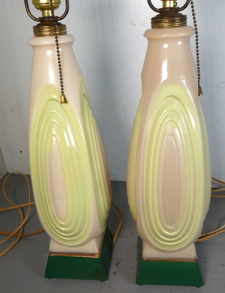 Vintage Aladdin Alacite Art Deco Lamps Pair - Tranlucent Glass with Green, Works