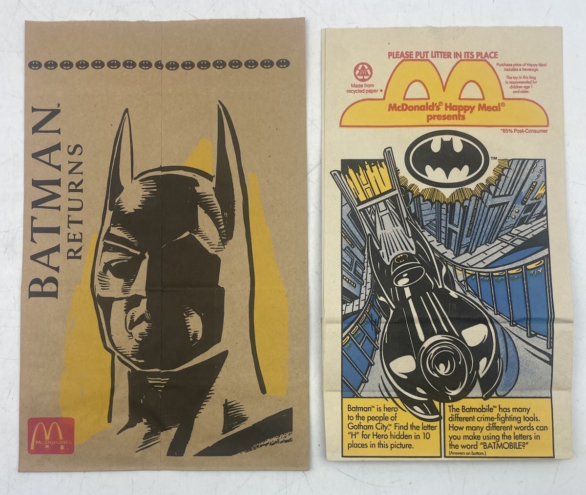 ⭐ Vtg 1991 Batman Returns Movie McDonald\'s Happy Meal Value Meal Paper Bag Set ⭐