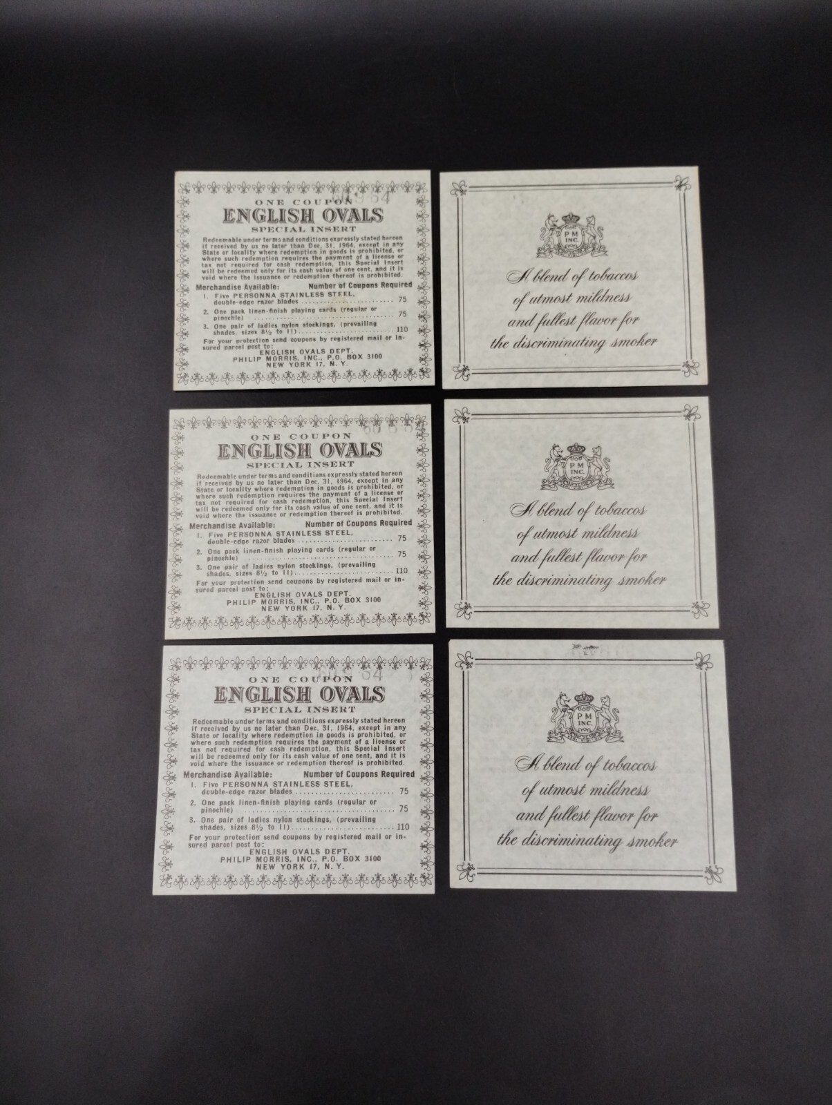 Lot of 6 VTG 1960's Philip Morris English Ovals Tobacco Cigarette Insert