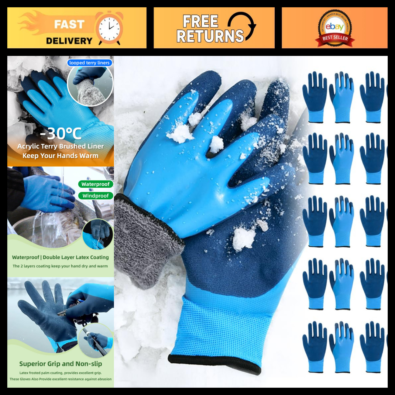 10 Pairs Freezer Gloves Waterproof Winter Work Gloves Bulk for Men