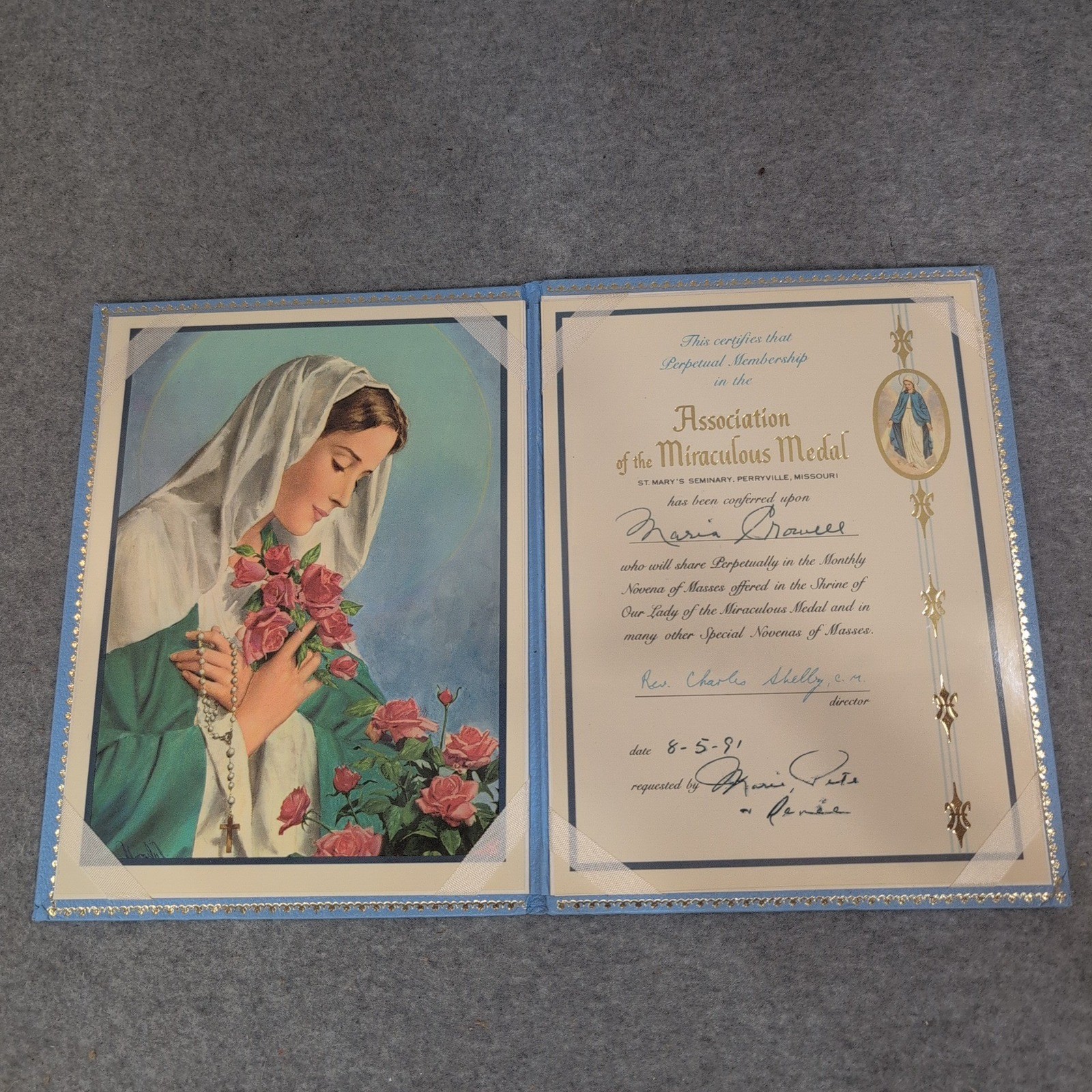 Association of the Miraculous Medal Perpetual Membership Certificate 1991 Blue