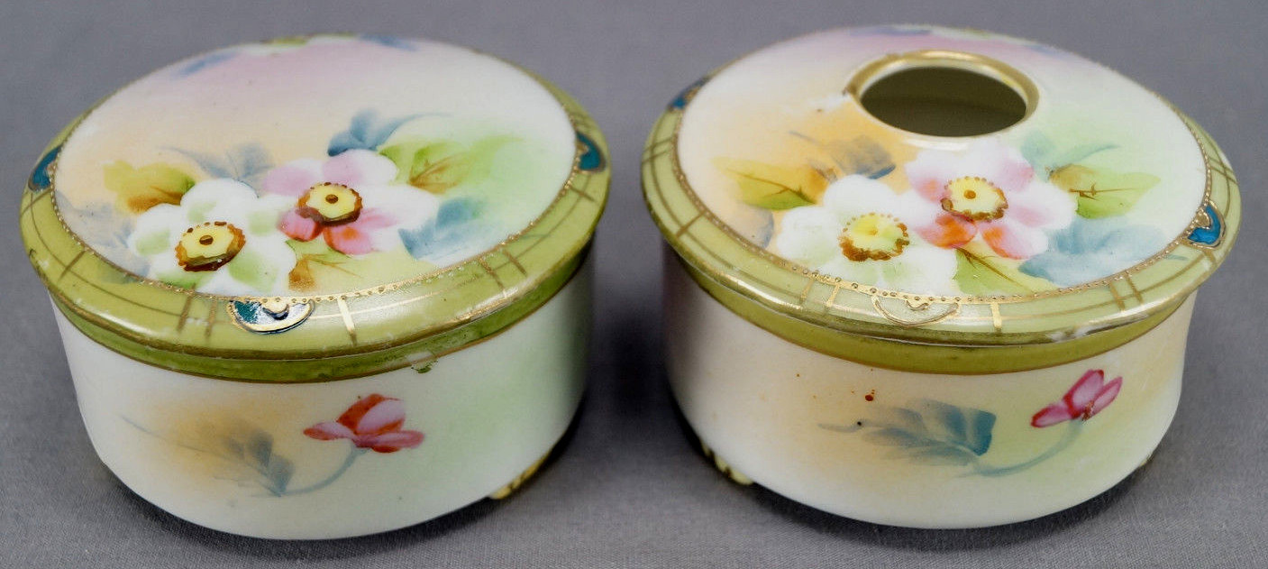 Nippon Hand Painted Wild Roses & Beaded Hair Receiver & Trinket Box 1891 - 1921