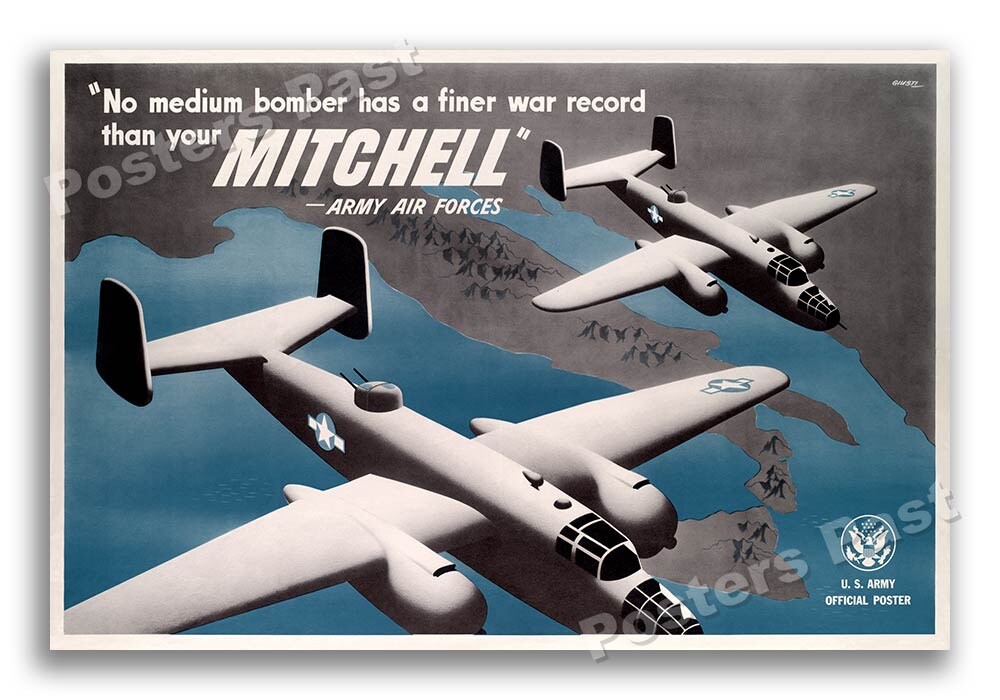 “B-25 Mitchell Bomber 1943 Vintage Style WW2 War Poster - 16x24