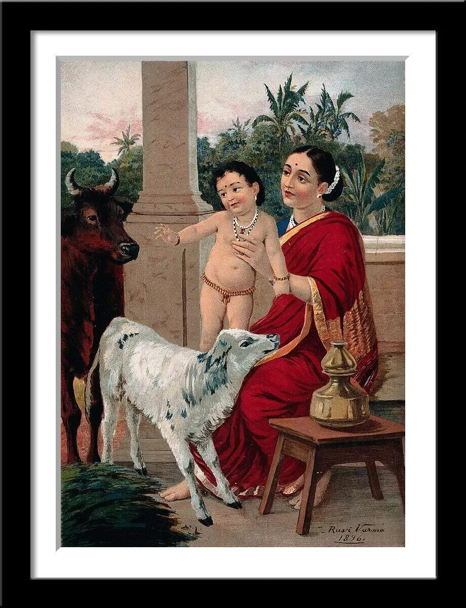 Krishna on Yashoda\'s Lap Vintage Ravi Varma Oleograph Print In Frame 12 X 17\'\'