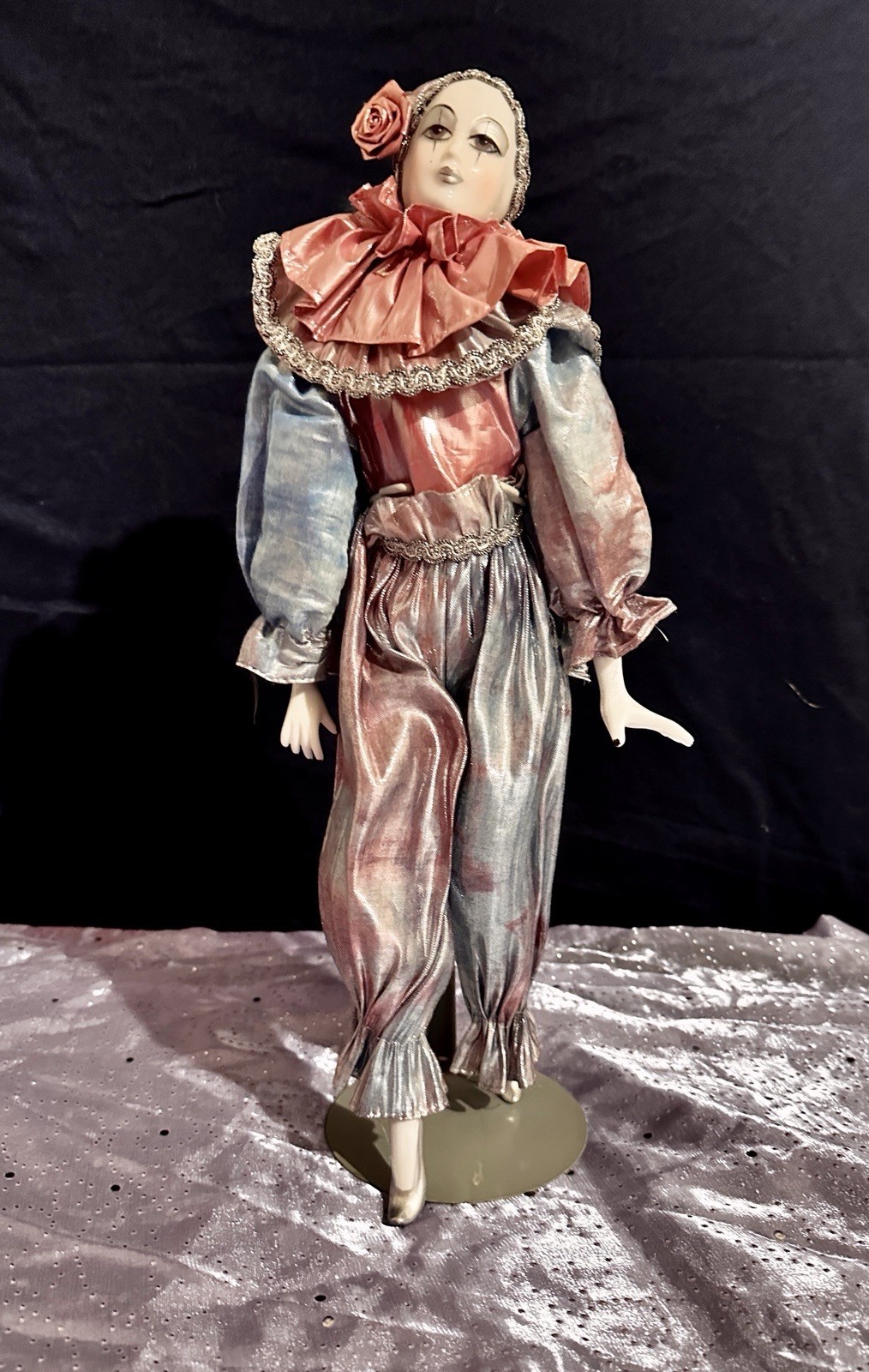 Pink/blue Pierrot Porcelain Face Doll W/stand