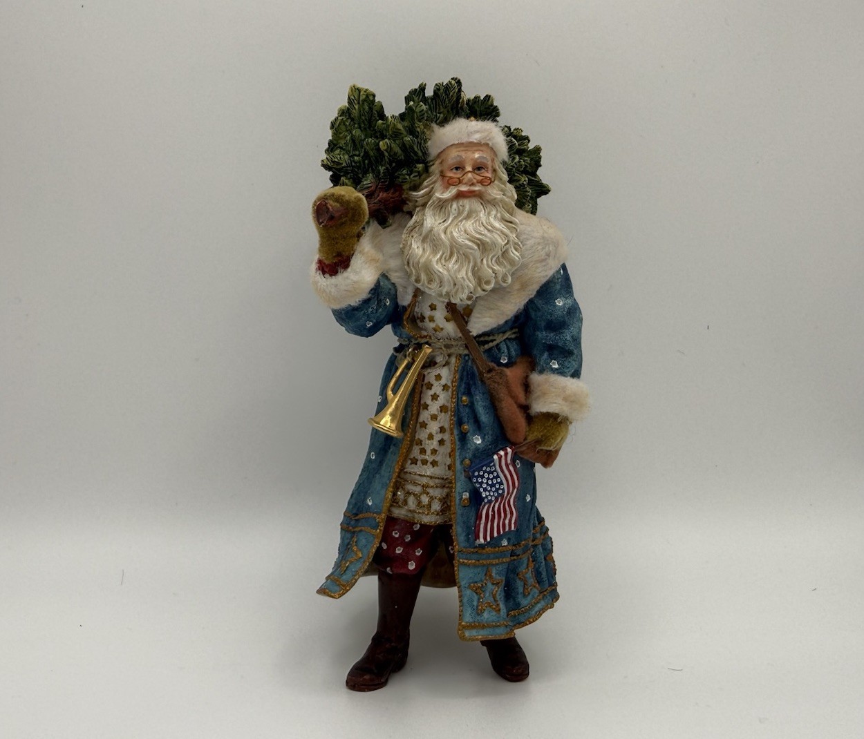 Santa Claus Christmas Figurine Carrying Tree, Hand Painted Resin, Multicolor