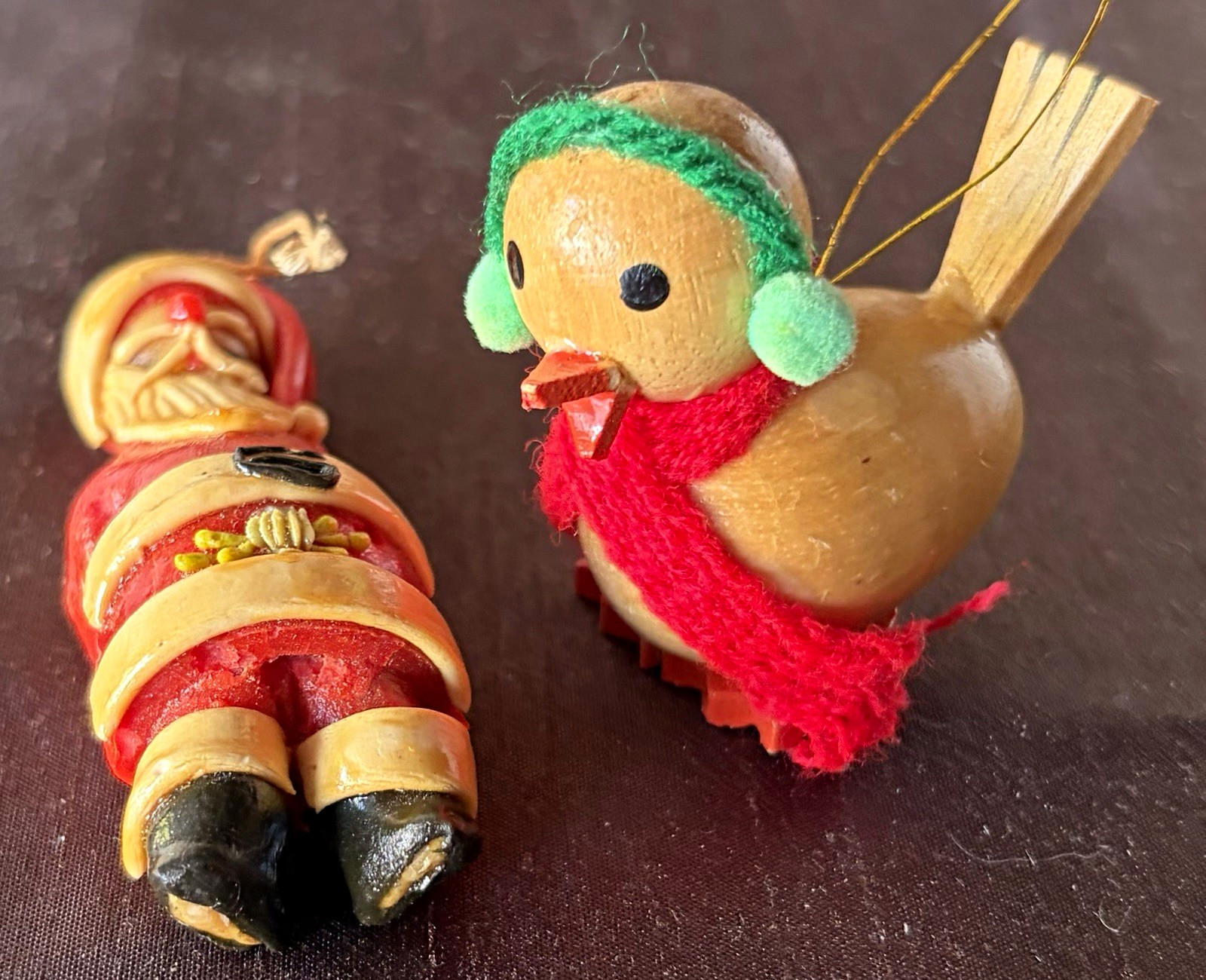 2 Vtg Christmas Ornaments JR Dakin Wood Bird  &  Dough Santa