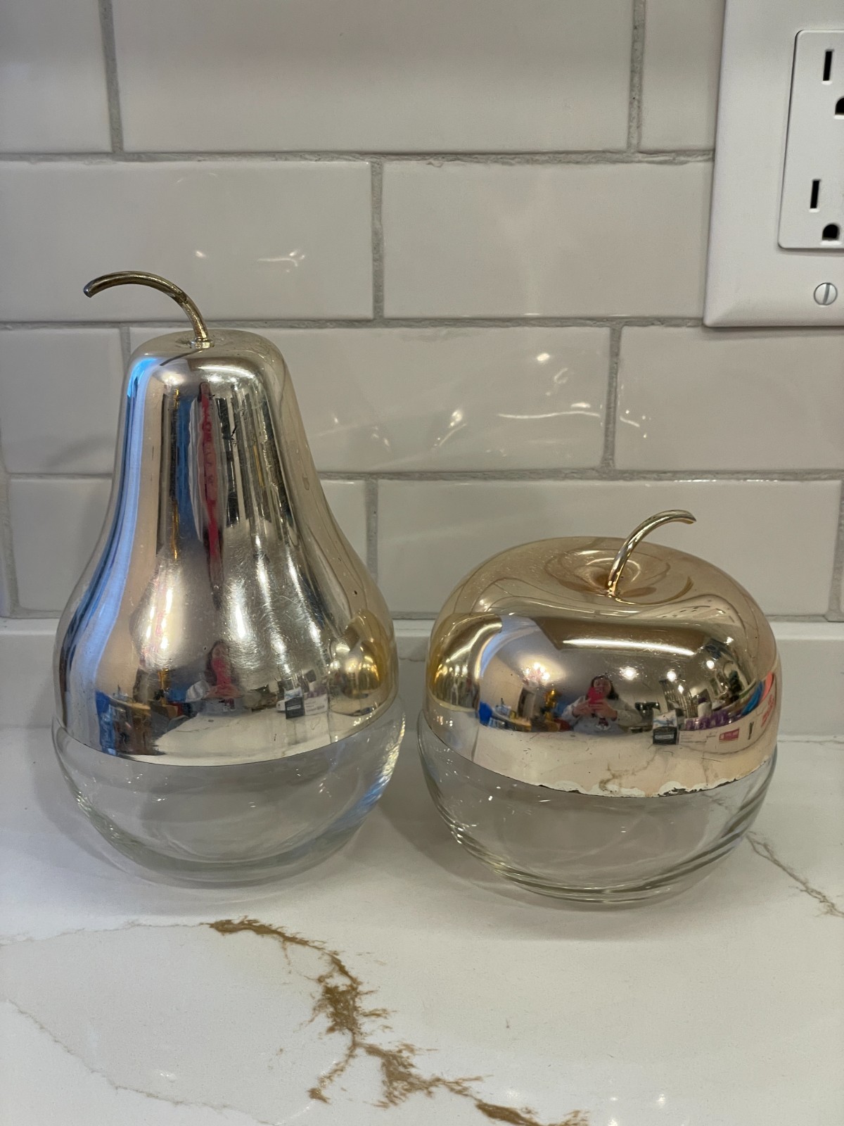 Vintage MCM Pear Apple Glass Metal Trinket Dishes Lidded Goldtone Retro Decor