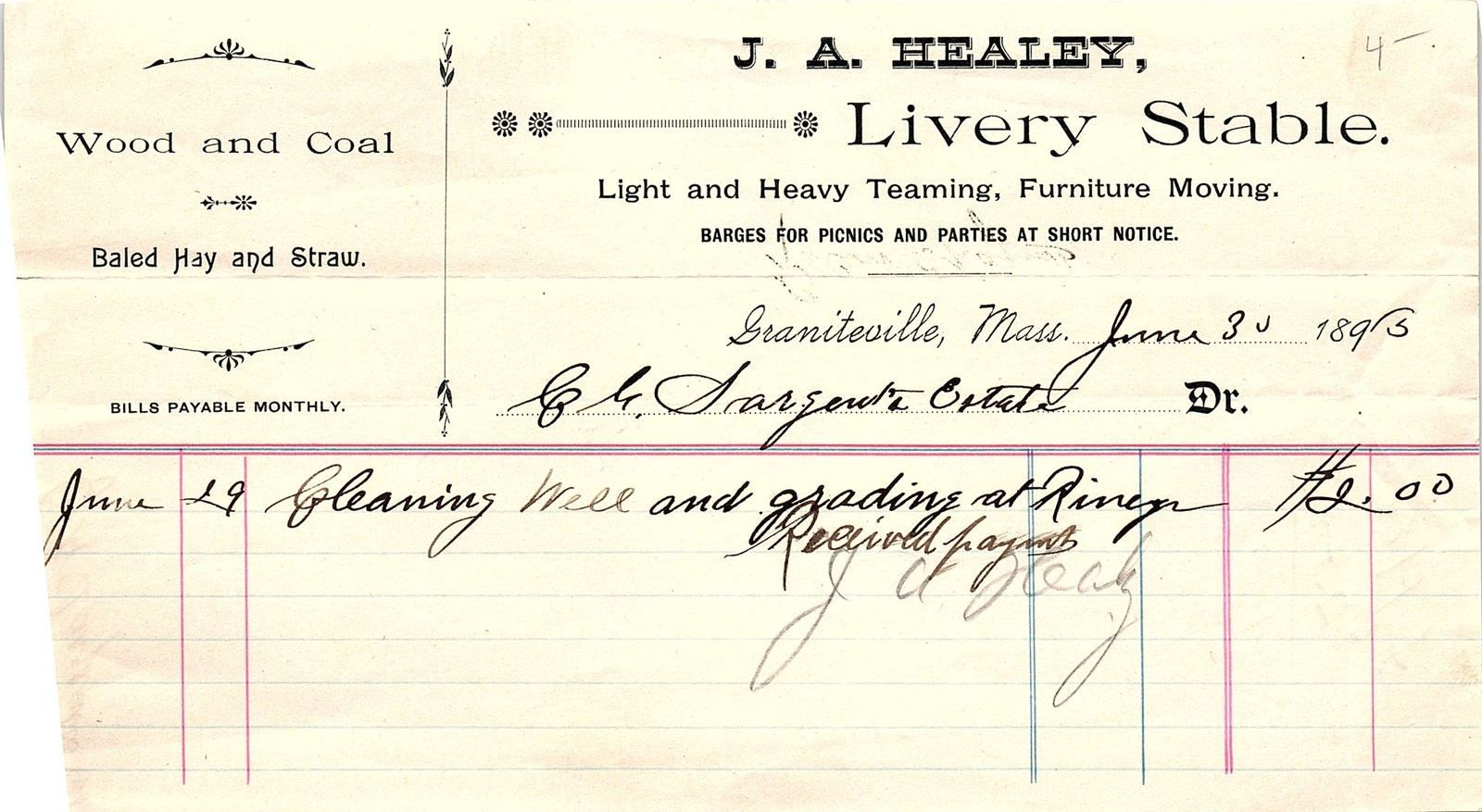 1893 J.A. Healey Livery Stable billhead, Graniteville, MA