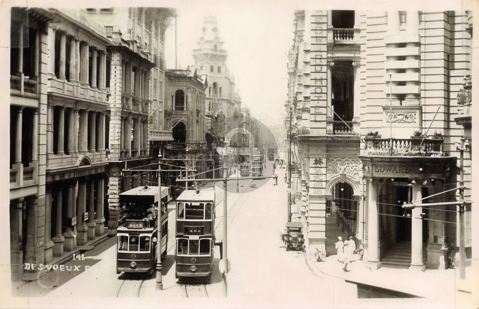 Hong Kong China c1920s Double-Decker Trams Des Voeux Rd RPPC Photo Postcard COPY