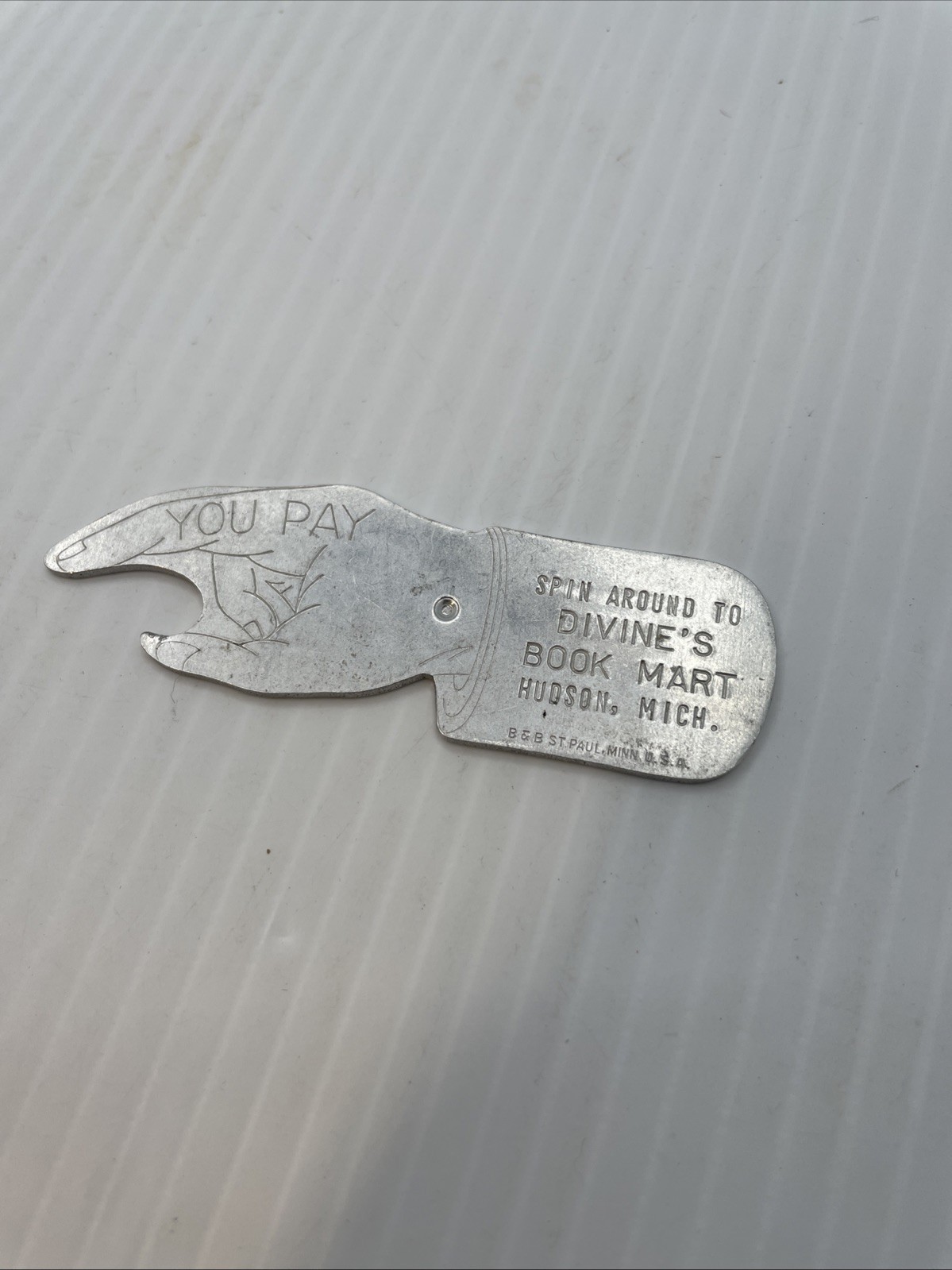 YOU PAY Spinner Bottle Opener, Divine’s Book Mart, Hudson, Michigan