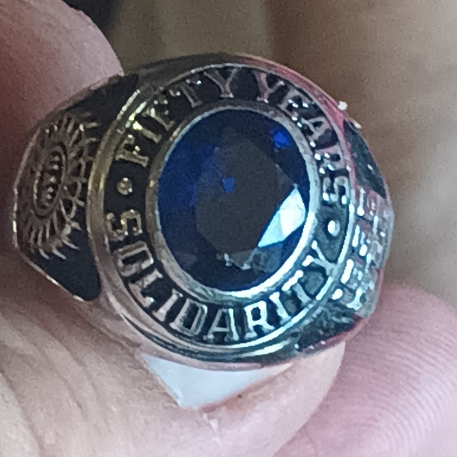 Trade Union Solidarity Ring with Blue Stone Commemorative 1935-1985