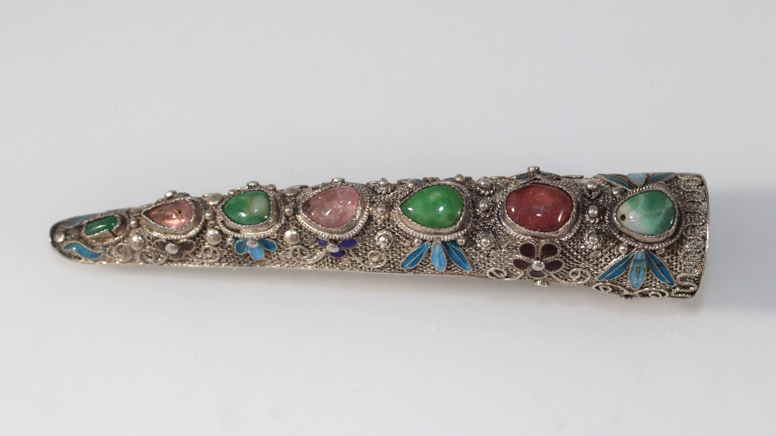 Antique Chinese Silver Filigree Jade and Gemstone Fingernail Guard Brooch Enamel