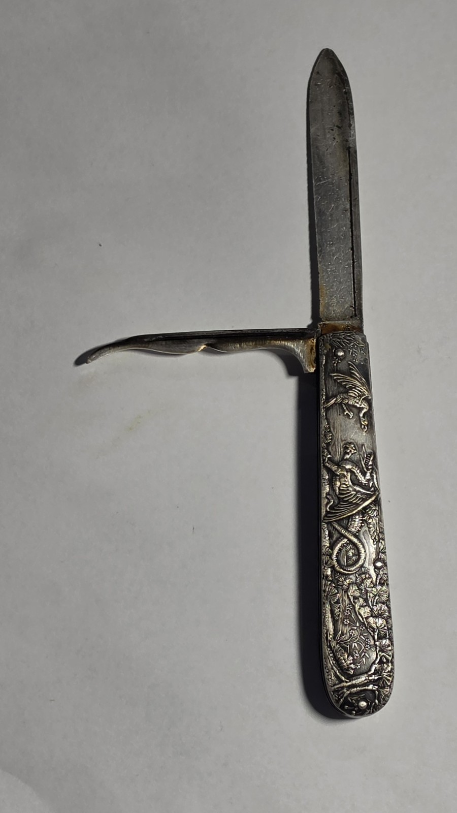 Antique Dragon Silver Fruit Pick Pocket Knife Asian Chinese Vintage Rare