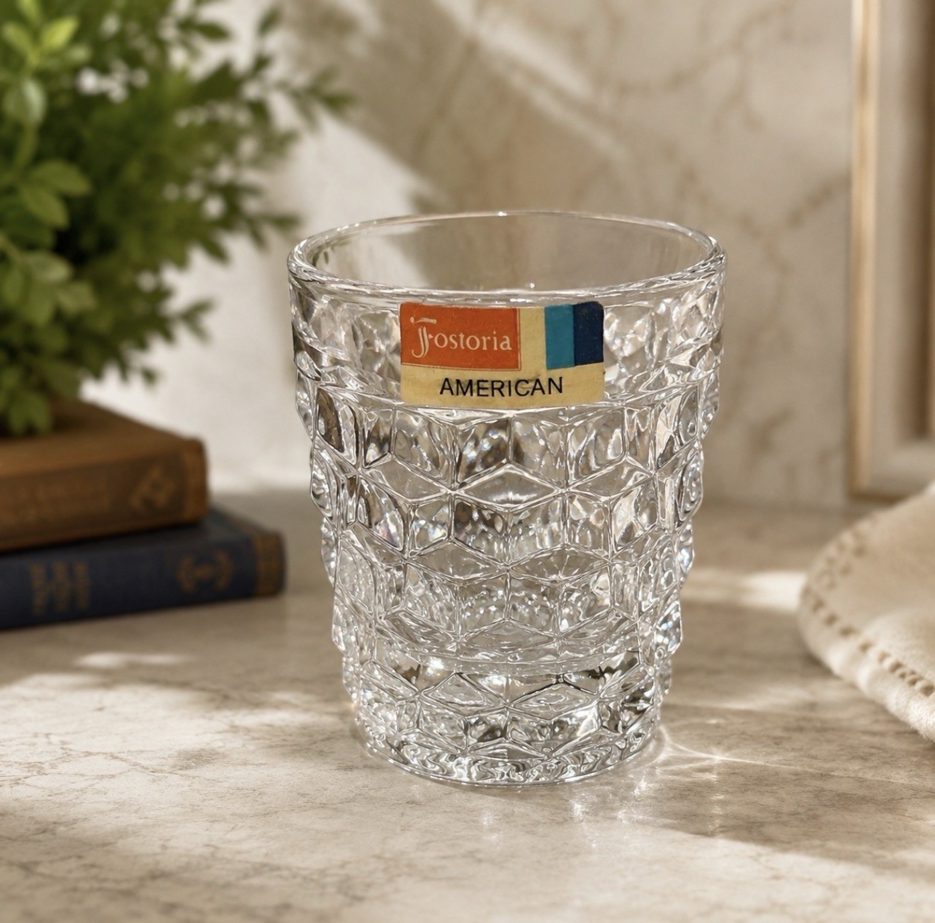 Vintage Fostoria American Clear Glass 2 oz. Whiskey Shot Glass W/ Original Label