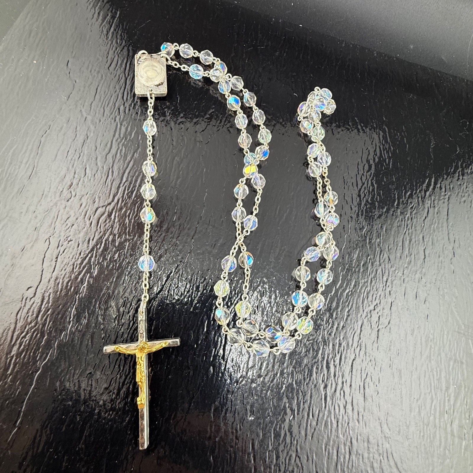 Vintage Estate Rosary Clear Aurora Borealis Glass Beaded Relic Italy 32\