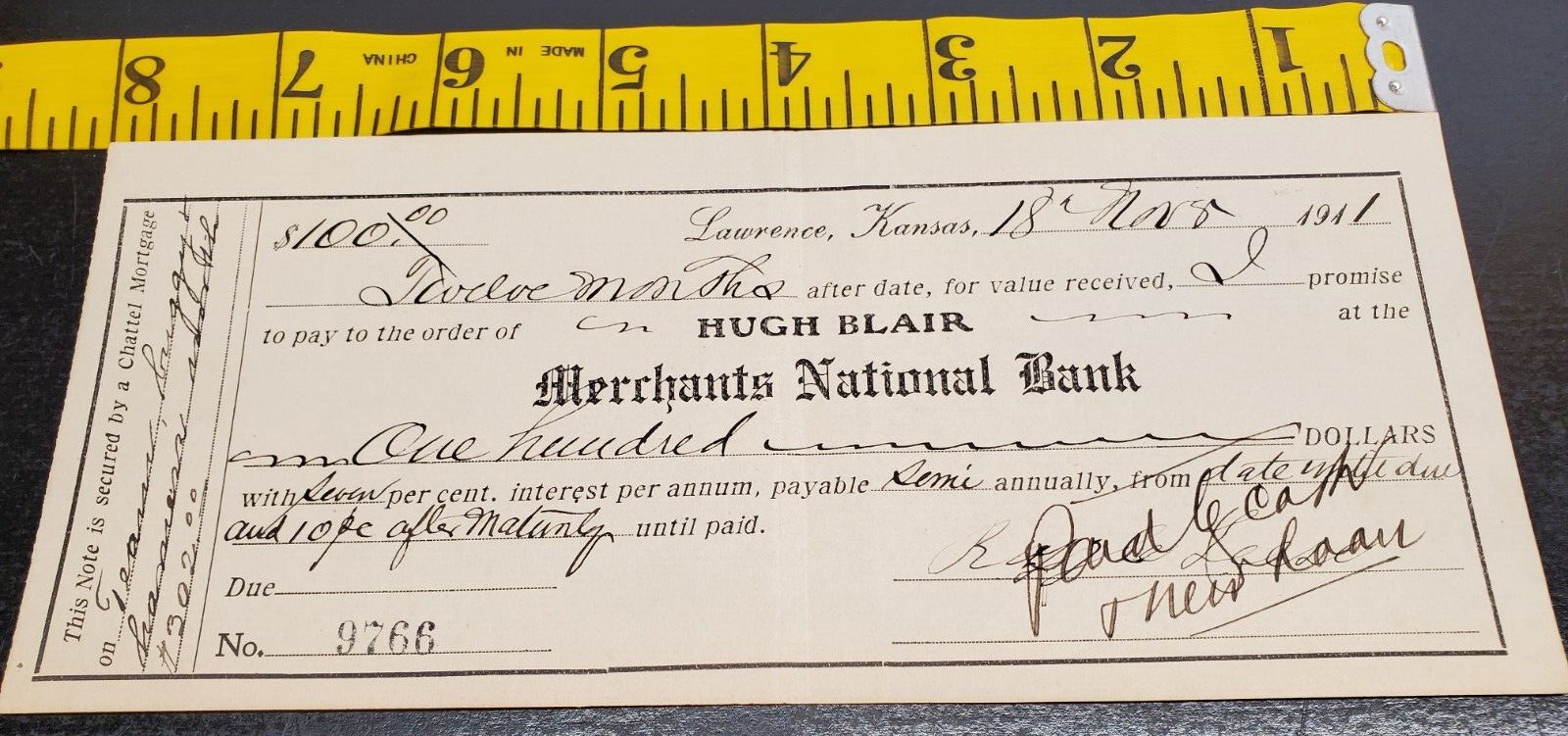 1911 Bank Note - Merchants National Bank - Lawrence Kansas - Chattel Mortgage