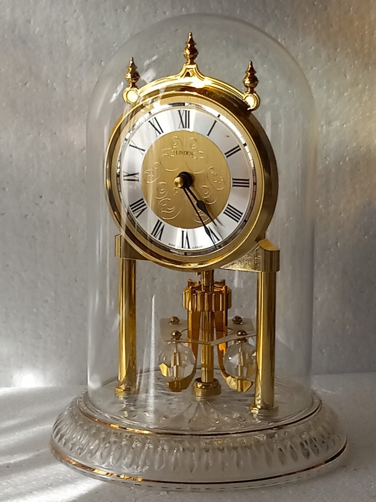 Vintage LINDEN GERMAN Glass-Dome Anniversary Clock TESTED WORKS  #L-A