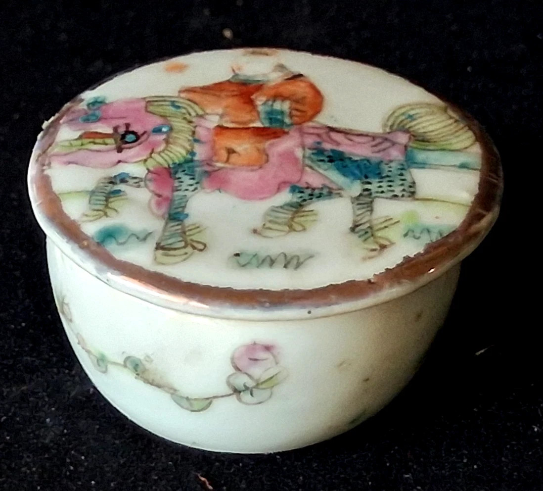 Antique Chinese Porcelain Rose Ink Box Lid - Hand Painted Vintage Qilin Warrior