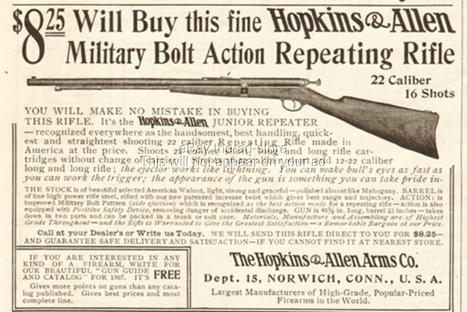 1907 Hopkins & Allen Arms Norwich CT Military Bolt Action Repeating 22 Rifle Ad