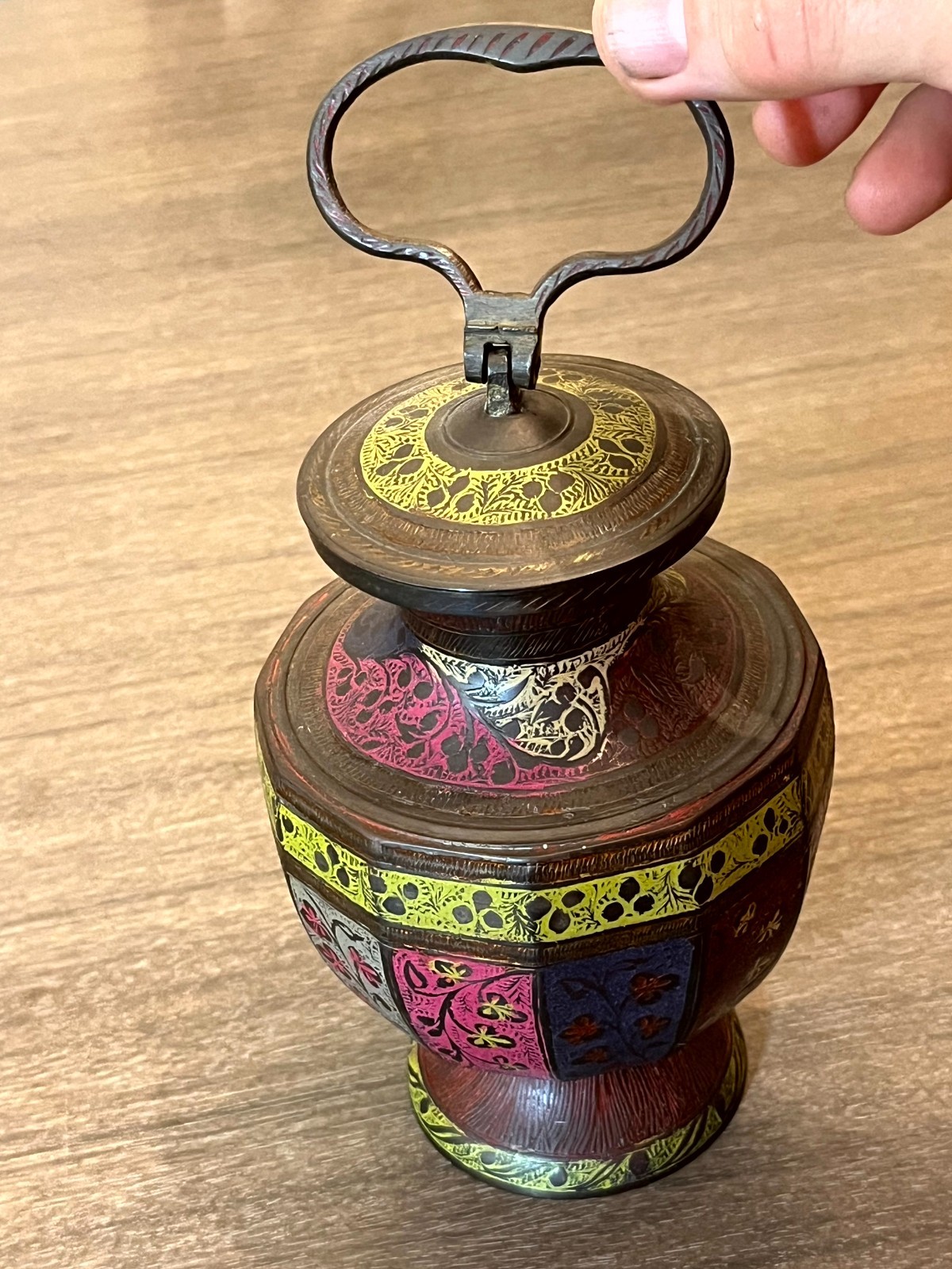 Vintage Indian Brass Lidded Jar Hand-Painted Enamel Floral Trinket Ginger Jar