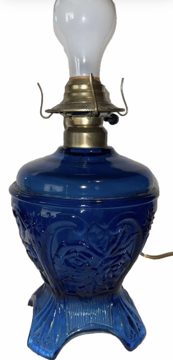 Rare Vintage Blue Glass Electrified Kerosene Lamp Roses 