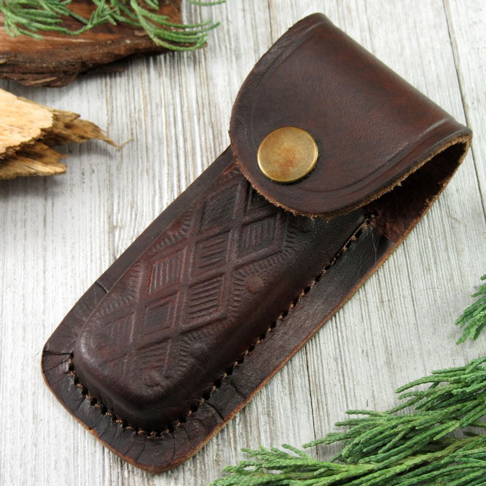 NEW Pocket Folding Knife Case Textured Brown Genuine Leather Belt Sheath 4in.