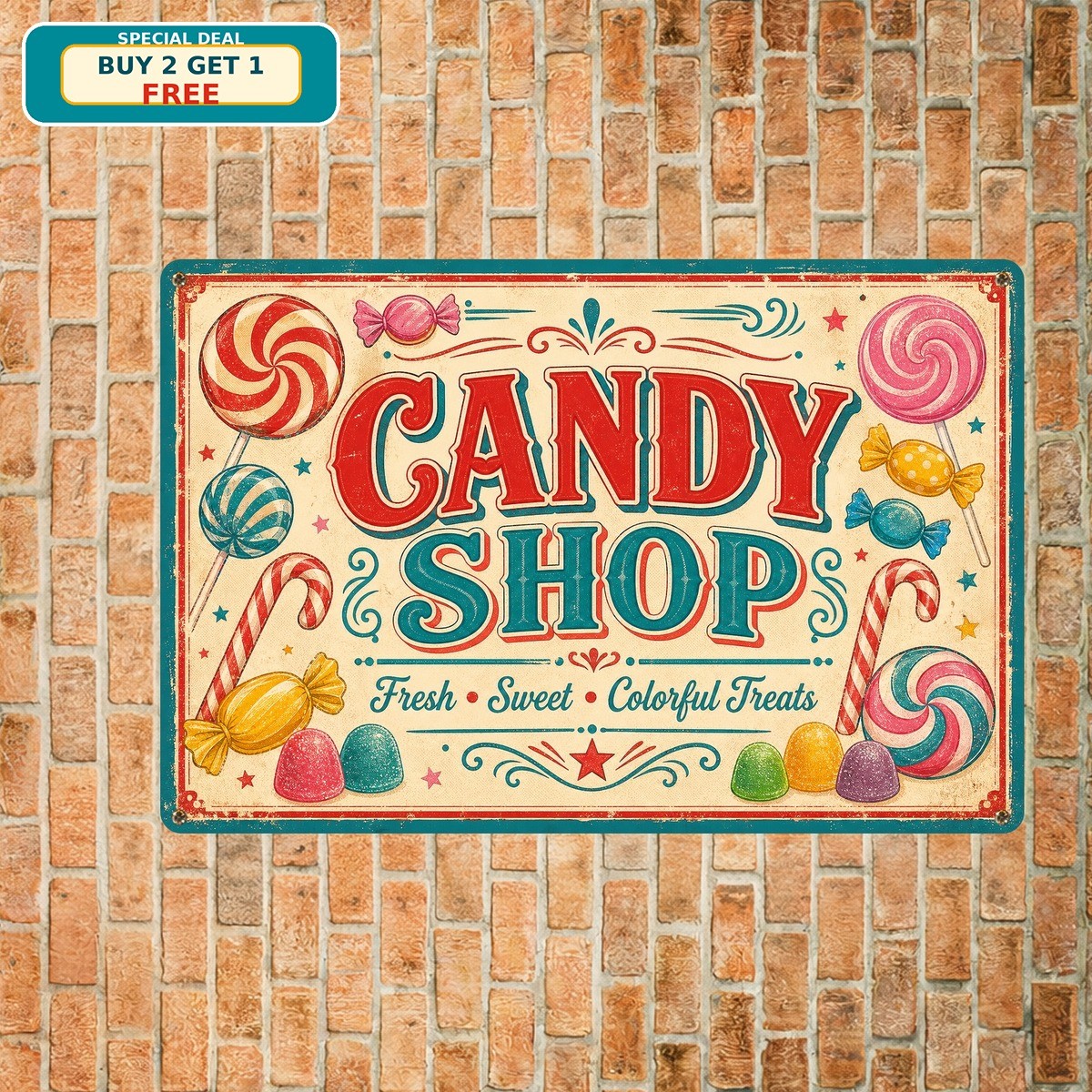 Sweet Candy Shop Storefront Dessert Baker Window Display Board Metal Tin Sign