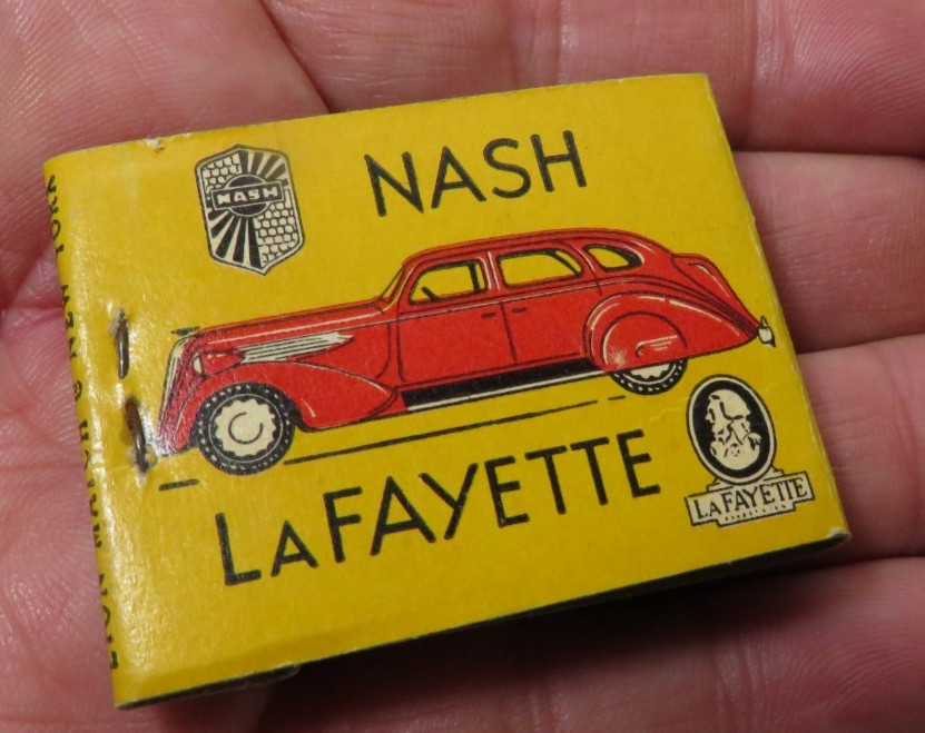 RARE Vintage 1930’s Feature Matchbook Nash Lafayette Car Dealer Elkhorn WI MINT