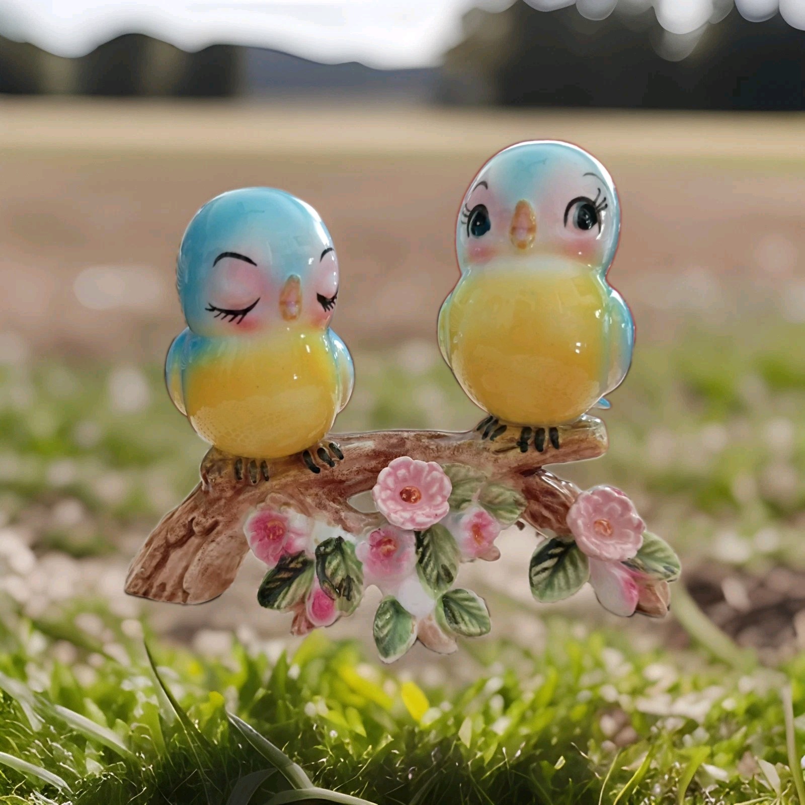 Vintage Norcrest Bluebirds on Branch Pink Flowers Japan MCM Kitsch Figurine