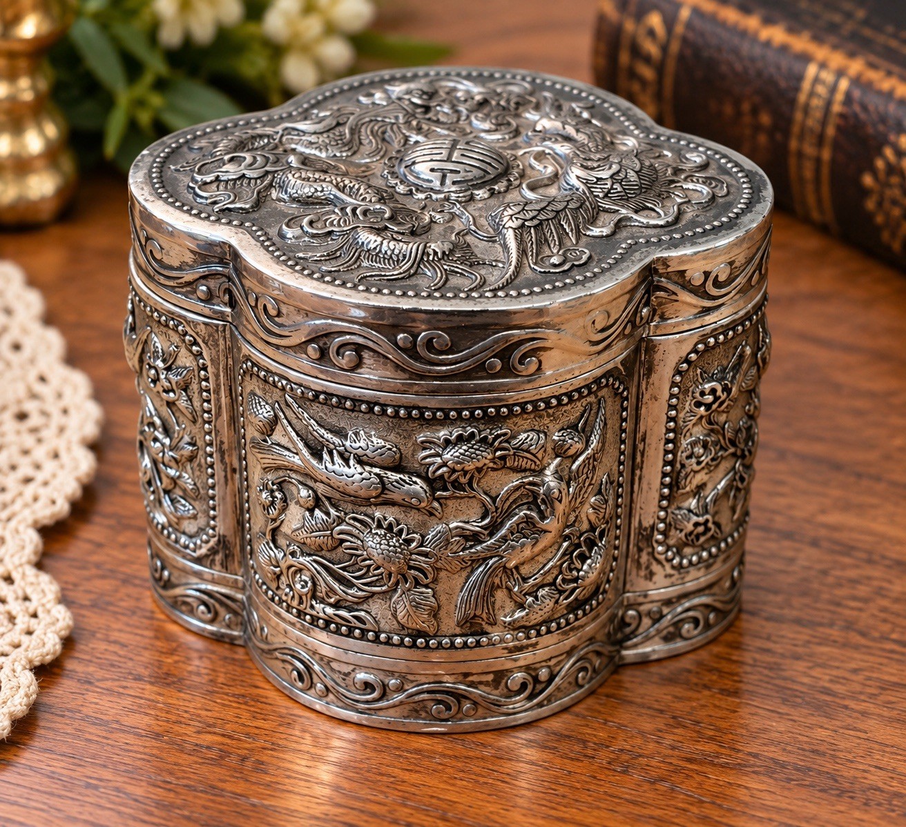Vintage Chinese Silver Plated Trinket Box Repousse Dragon Phoenix Velvet Inside
