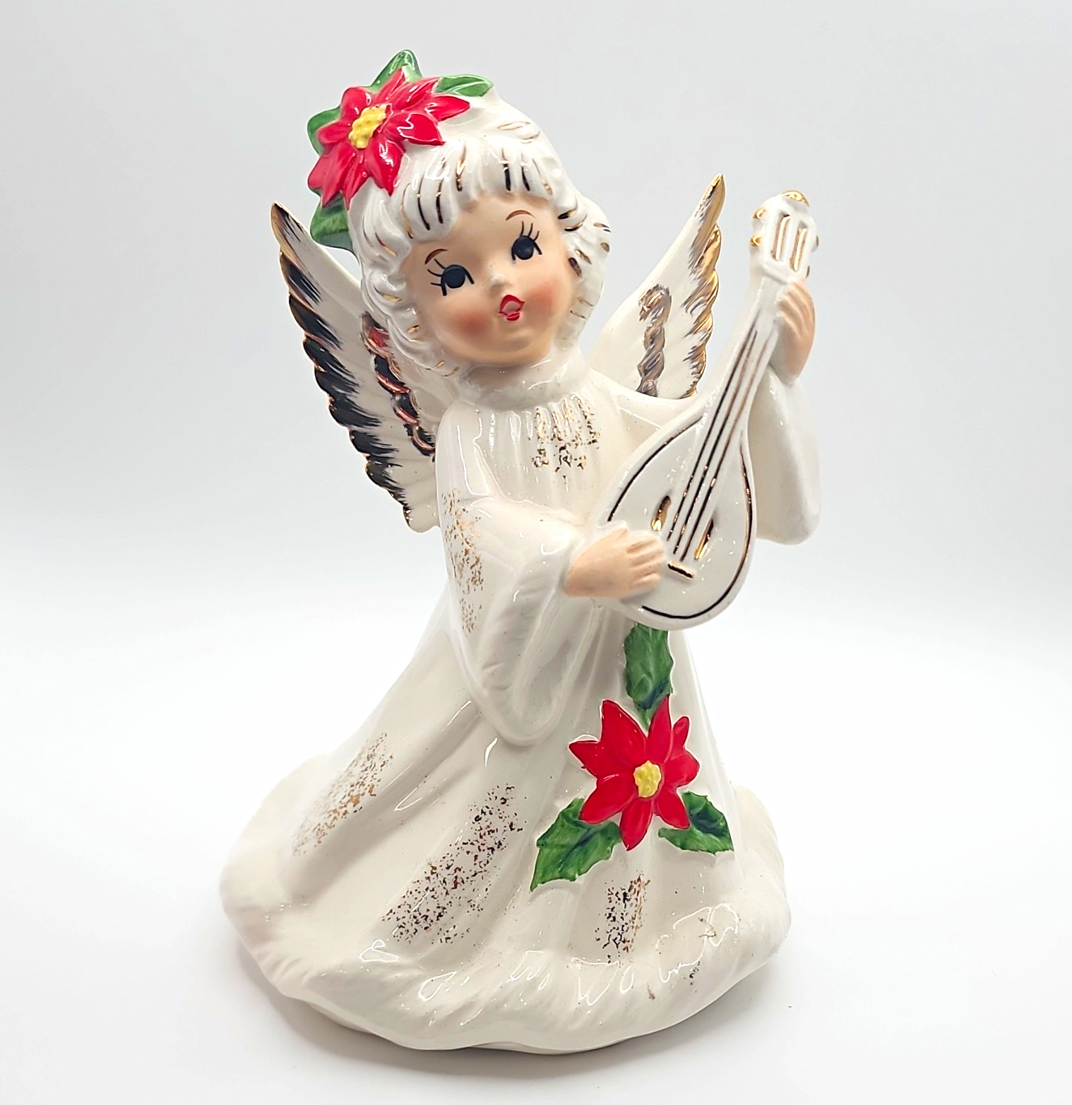 Vtg LEFTON Poinsettia Angel Music Box Figurine Lute Mandolin Japan 1889 MCM