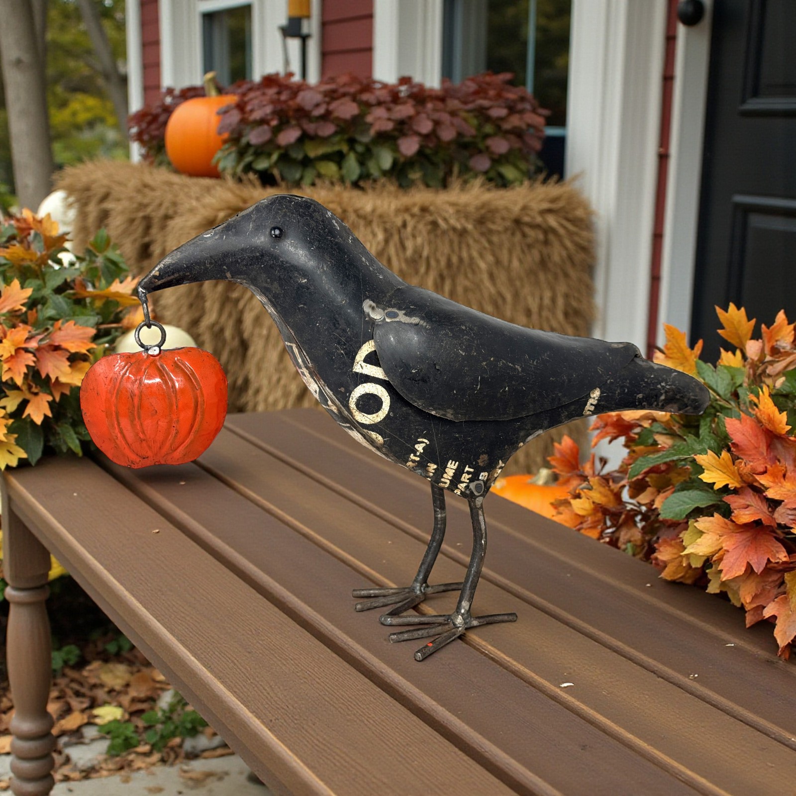 Recycled Scrap Metal Crow with Pumpkin Statue 14.5\