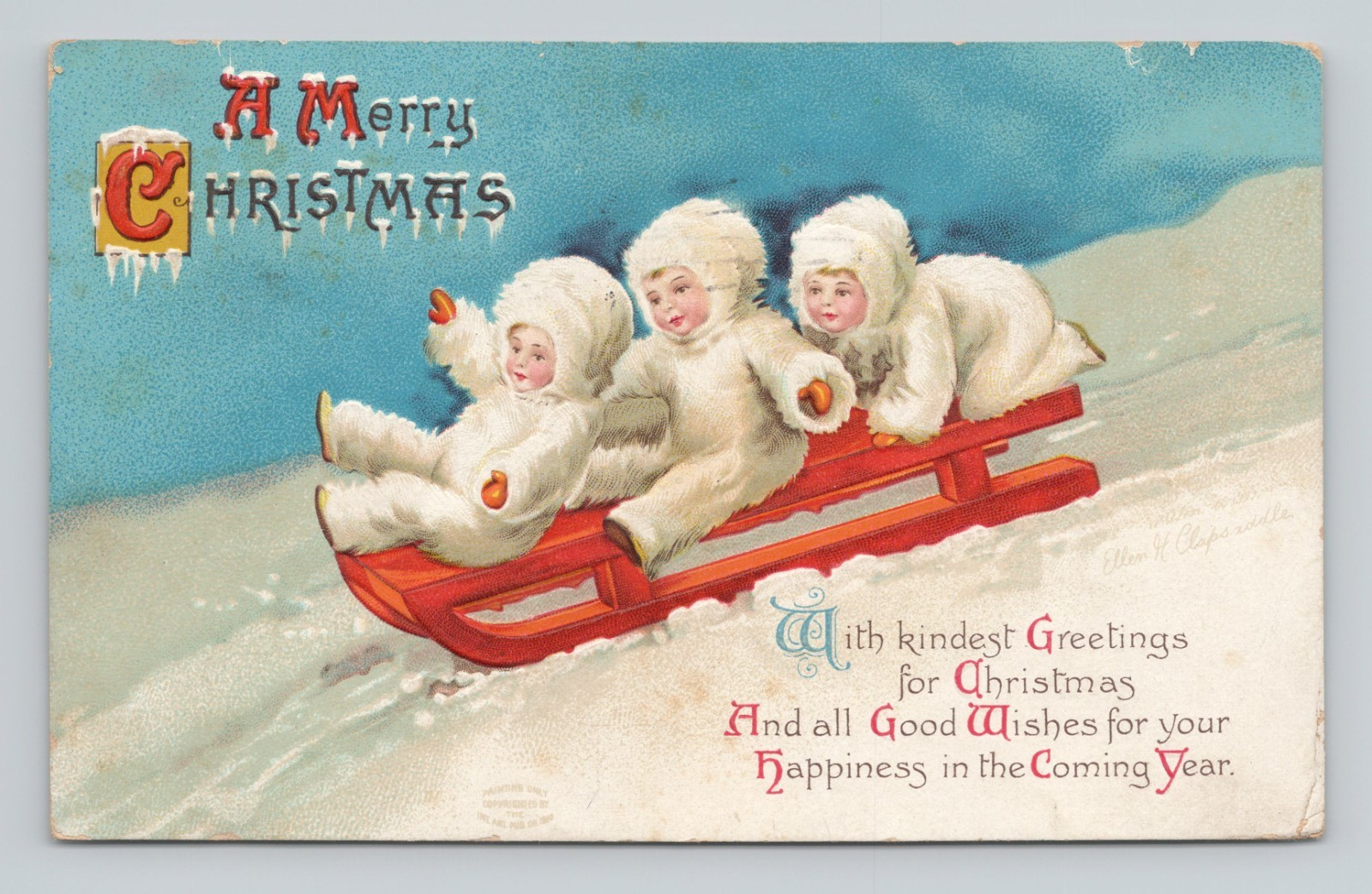 Vintage Ellen Clapsaddle Christmas Children Sledding Snow 1910s Postcard