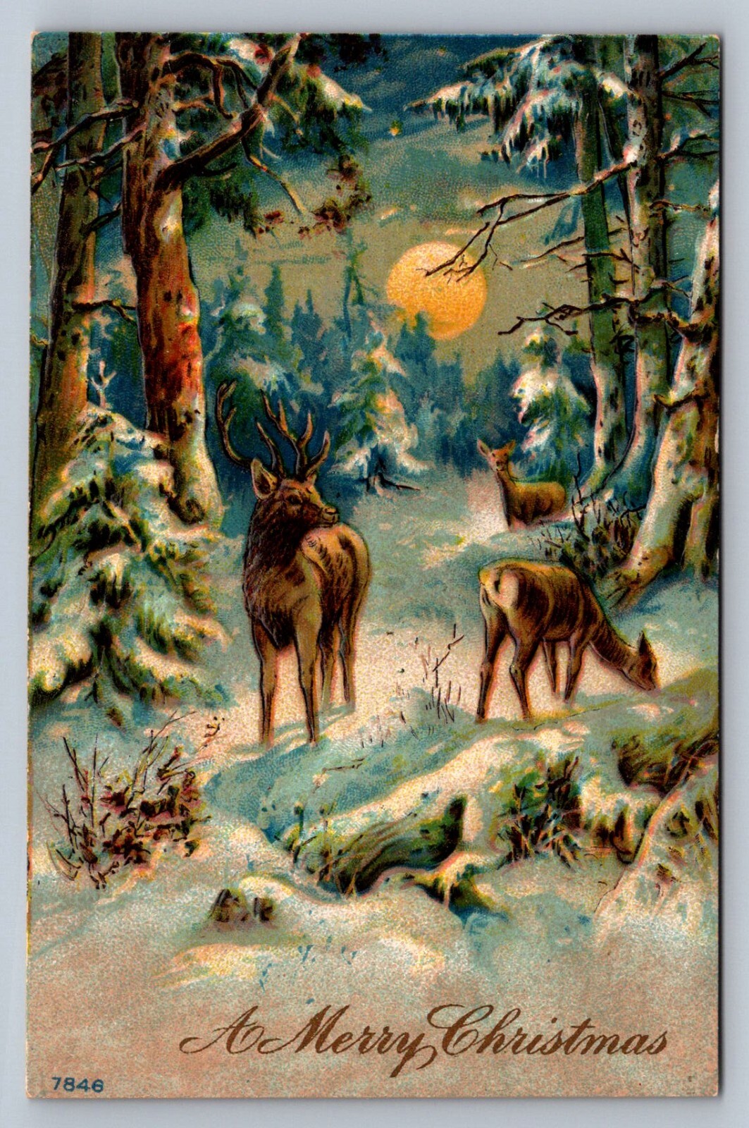 Postcard A Merry Christmas Buck Deer Snow Moonlit Night Embossed Unposted   J615