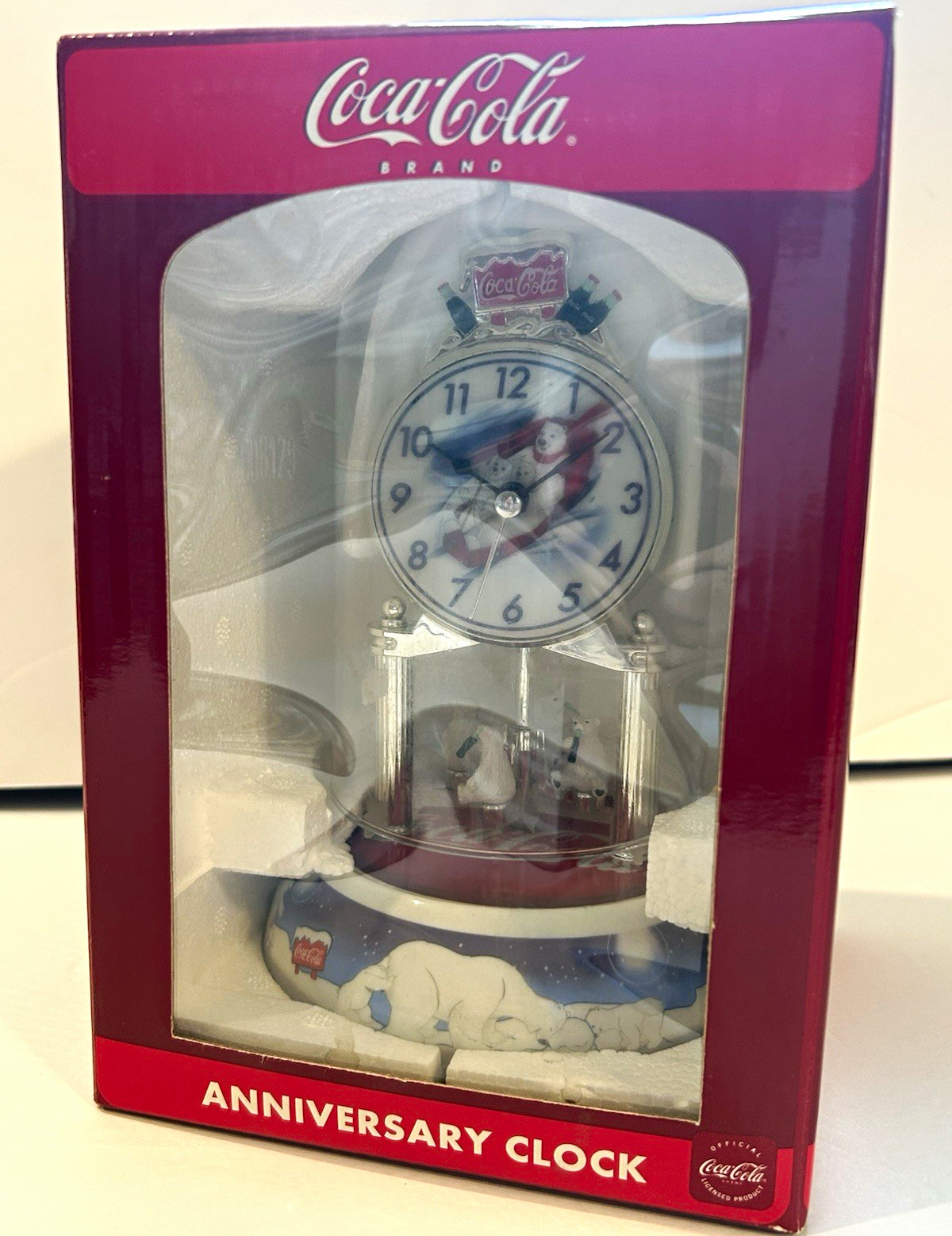 Coca-Cola Anniversary Clock Polar Bear Rotating Pendulum Dome Vintage NIB 2001