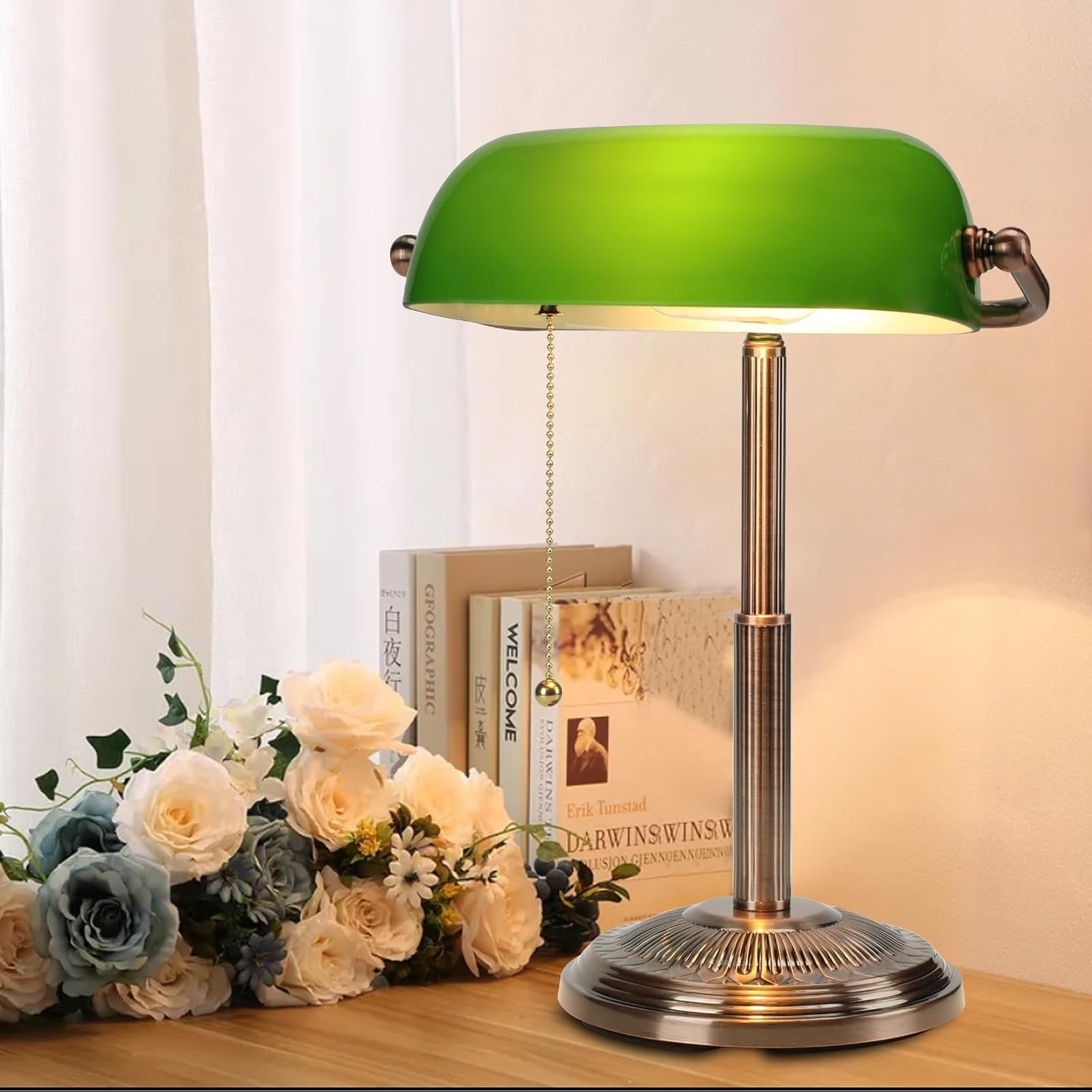 Minimalist Bankers Desk Lamp - Green Retro Vintage Style Lamp Pull Chain Switch