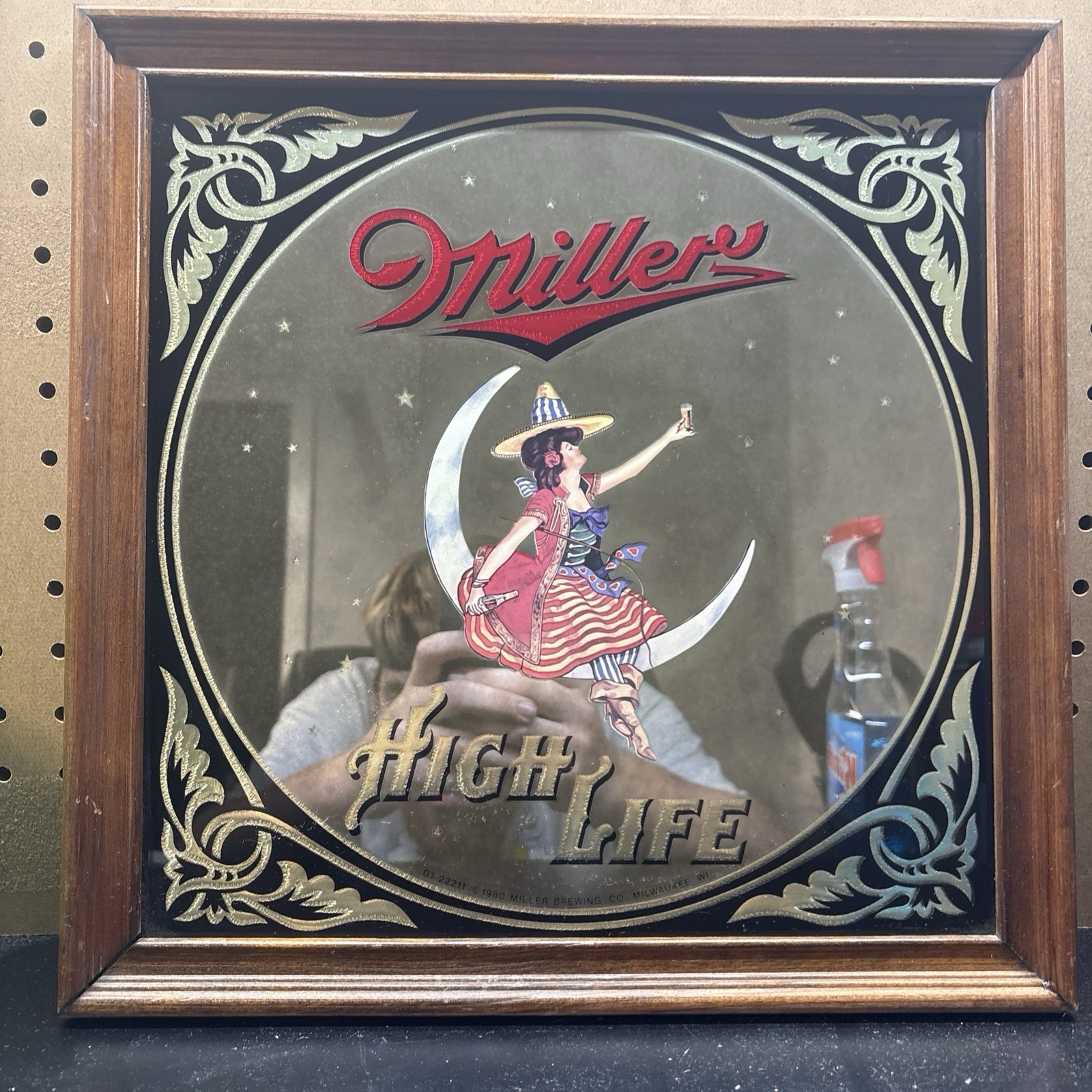 MILLER High Life 1980s Girl on the Moon Framed Bar Mirror 14 x14