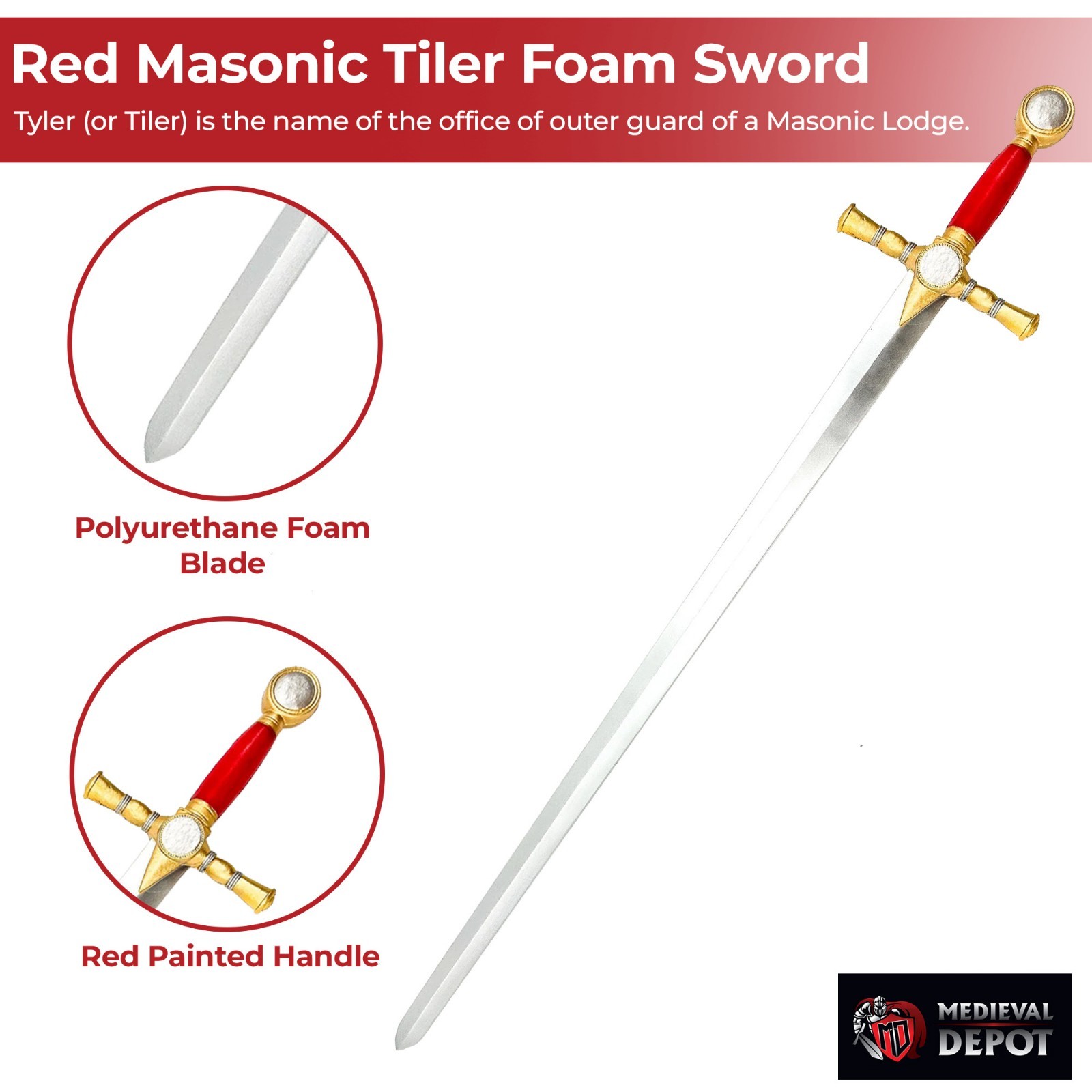 Red Masonic Tiler Foam Sword - Perfect For Practice and Display Overall 41.75