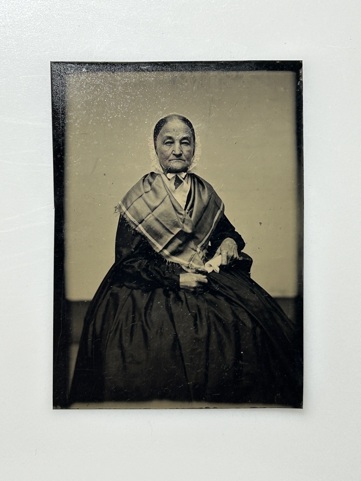 Antique 1800s Tintype Photo Elderly Woman Bonnet Shawl Victorian Portrait