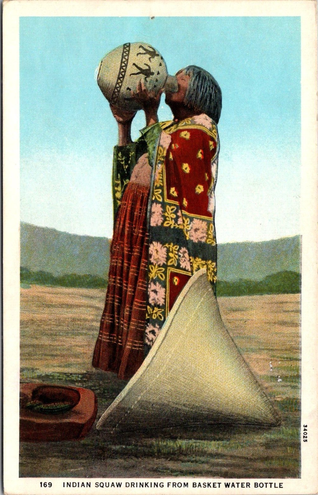 Havesupia Indian Maiden Drinking Water Willow Basket Bottle 1920s Postcard