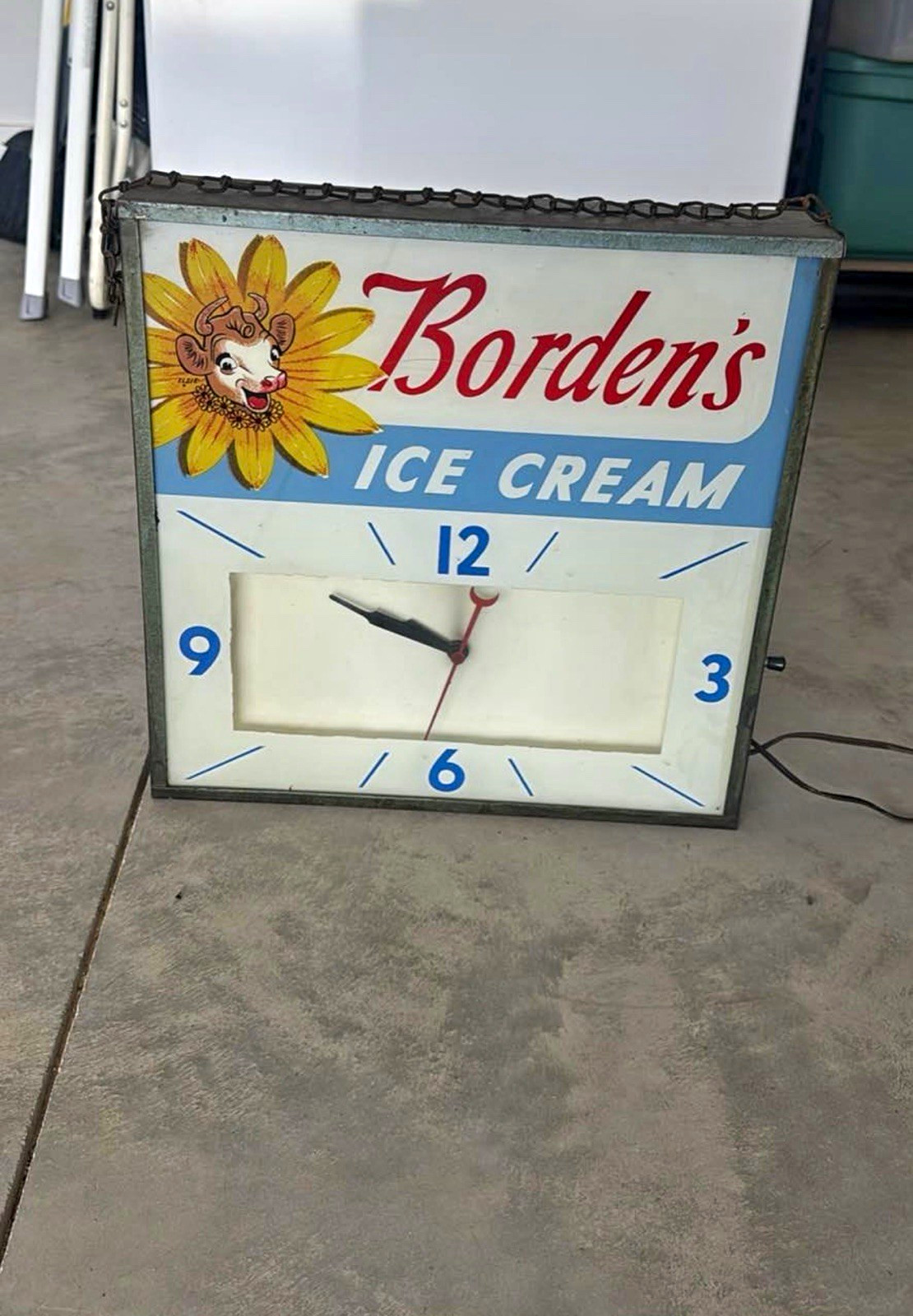 Borden's Ice Cream Hanging Advertising Clock Wall Sign w/ Chain, Blue/White