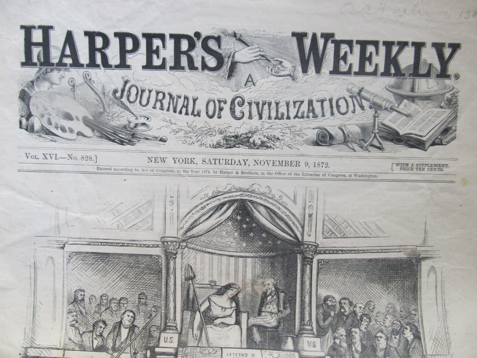 Rare 1872 Harpers Weekly, ELECTION OF GRANT vs GREELEY, NAST CARTOONS, Billiards