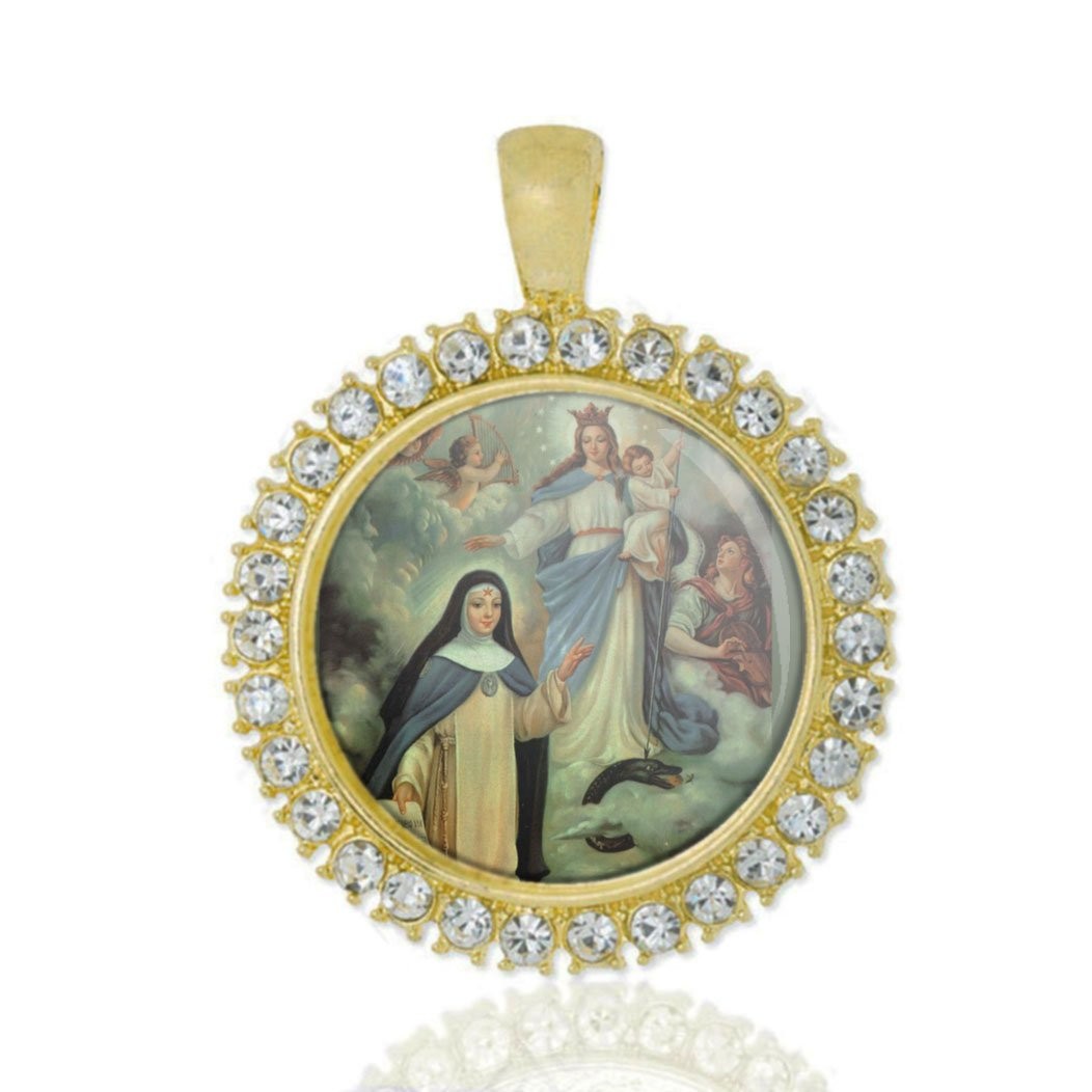 St Beatrice Da Silva Christian Round Medal Gold Tone Pendant with Rhinestones