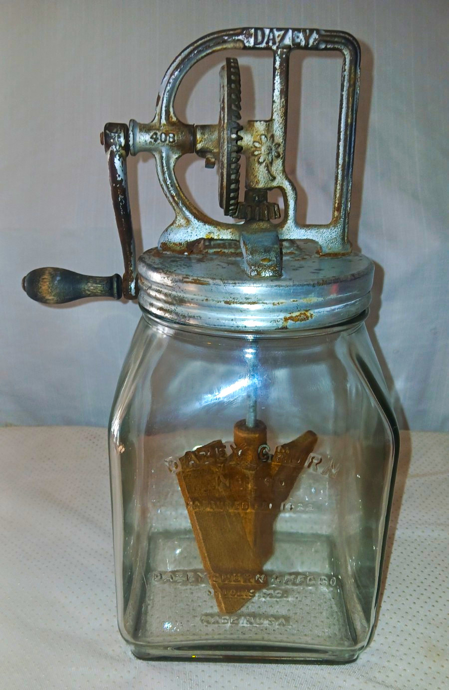Dazey No. 40 Hand Crank Glass Butter Churn w/ Metal Lid, 4 qt, 40B