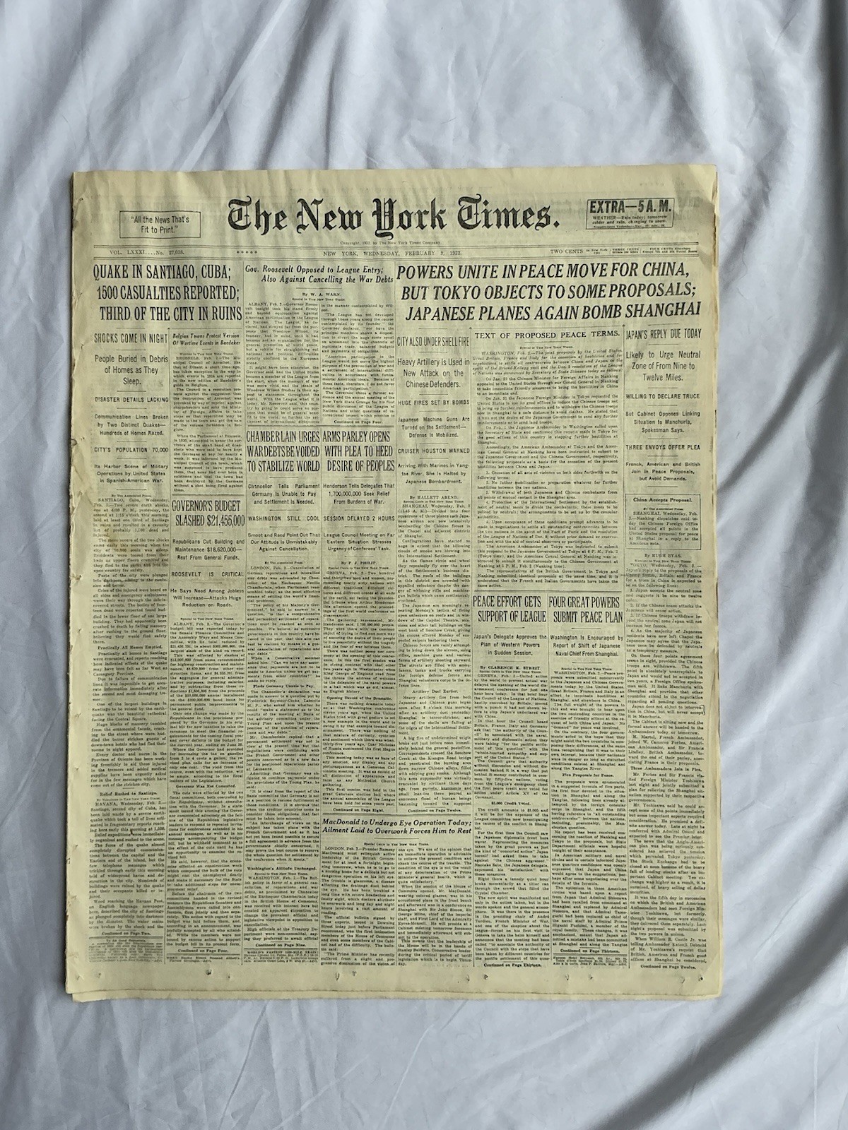 New York Times Newspaper February 3, 1932 Complete issue Vintage FDR Earthquake