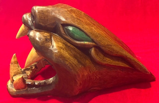 Large Vintage Mexican Mayan Hand Carved & Hand Painted Wooden Jaguar Head