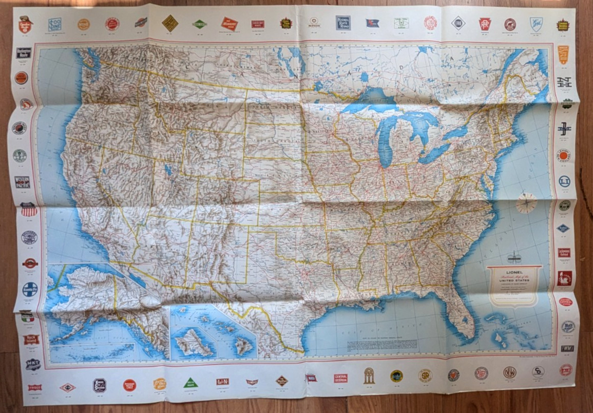Vintage 1958-'66 No.950 Lionel Railroad Map-United States, Rand McNally, 37 x 52