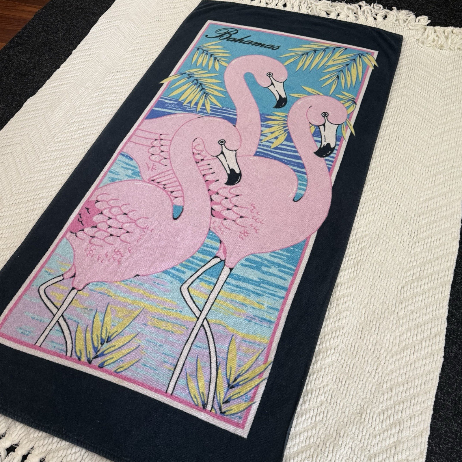 Vintage  late 80s or 90s Beach towel retro neon graphic print souvenir Bahamas